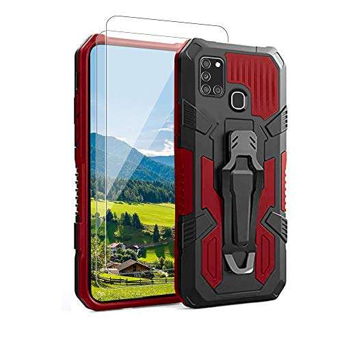 Compatible with Samsung Galaxy A21S Case,with [2 Pack] Tempered Glass Screen Protector,15ft. Drop Tested Protective Case| Kickstand || Heavy-Duty || Belt Clip |for Samsung A21s -RED 1