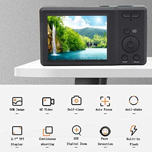 XF500 Digital Camera, 2.7in LCD Screen 56MP 20X Digital Zoom 4K Vlogging Camera, Built in Flash, Support 128G Memory Card, 750mAh Battery Selfie Anti Shaking Camera (Black) 3