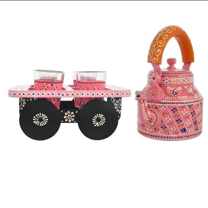 Asmita Craft HandPainted Alluminium Pink Tea Kettle with Four Glasses and Wooden Tray For Home Dcor Tea Party Serving 4