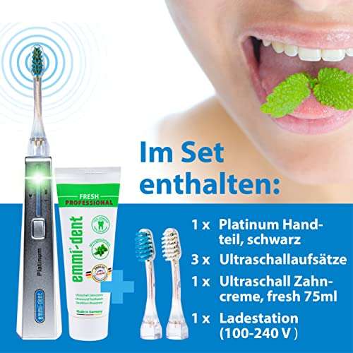 Emmi-dent Ultrasound Platinum Nature Fresh - Bundle. Touchless, Gentle Cleaning for Sensitive Teeth & Gums. Cleans with 100% Ultrasound Technology. No Abrasion, No Brushing, No Damage. Rechargeable. 6