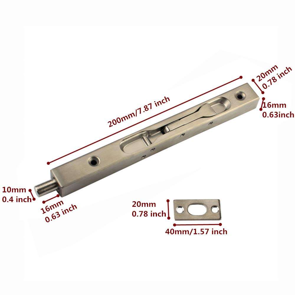 Hidden Latches & Bolts Silver 304 Stainless Steel 8 inch (20cm) Security Door Bolt Latch, Double Door Lever Action Flush Bolt Latch, French Door Slide Bolt Lock, Brushed Finish 3