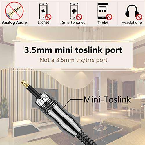 Mini Optical Audio Cable Digital Toslink Cable [24K Gold-Plated Nylon Braided Ultra-Durable ] Fiber SPDIF Audio Cable for Home Theater (6.6ft/2m) 6