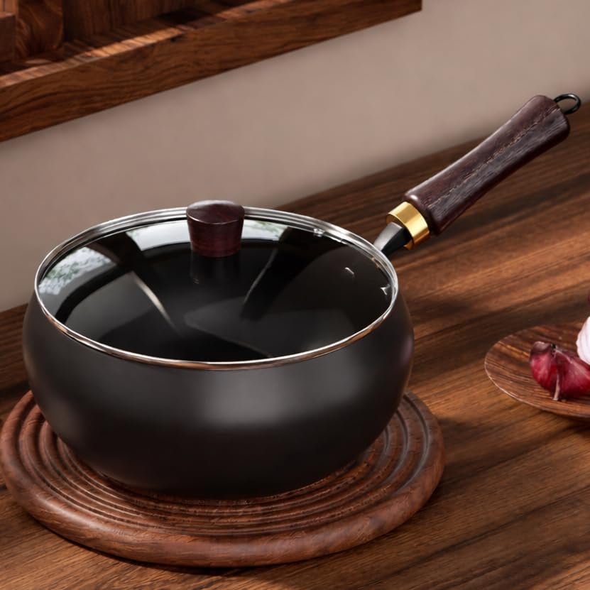 Homero Cast Iron Frying Pan with Lid 24cm – Pre-Seasoned Deep Fry Pan with Wooden Handle, Multipurpose 2kg Iron Pan for Omelette & Fish Fry, Compatible with Gas & Induction Stoves