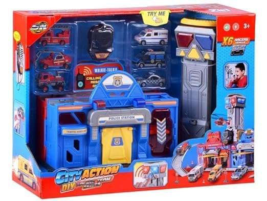 Ramokdu Walkie Talkies Racers Vehicle Metal Car Parking Lot Fire Station Police Station Toys for Children Luxury Gifts Multi Color 6