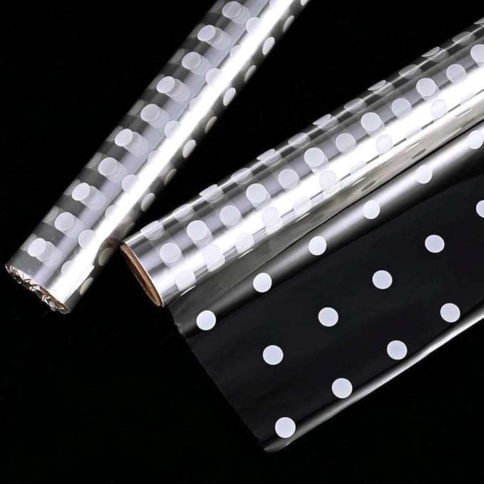 Saksham Clear Transparent White Polka Dot Cellophane Wrapping Roll Pack of 2 (20m x 70cm) | Perfect for Hampers, Crafts, Gift Wrap | Transparent gift wrapping sheets | Get 3 Free Pull Bow Ribbons 1