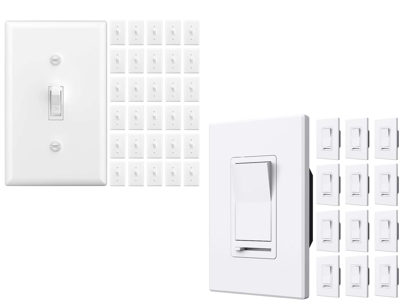 Amico 30 Pack Toggle Single Pole Light Switch Bundle with Wall Plate, UL Listed and Amico 12 Pack Dimmer Light Switch, Single-Pole or 3-Way Slide Dimmer Switches for Led Lights, ETL Listed 1