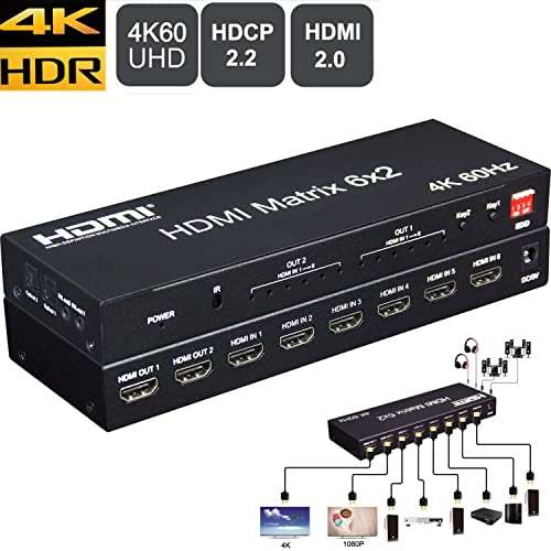 Microware 4K@60hz HDMI Switch 6 Port HDMI Matrix Switch 6x2 HDMI Splitter 4K with Optical SPDIF Toslink & 3.5mm Audio Extractor for PS4/XBox/Apple TV 2