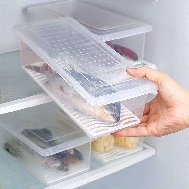 Krupasadhya 4 Fridge Storage Boxes Fridge Organizer with Removable Drain Plate and Lid Stackable Fridge Storage Containers Plastic Freezer Storage Containers for Fish, Meat, Vegetables, Fruits 4