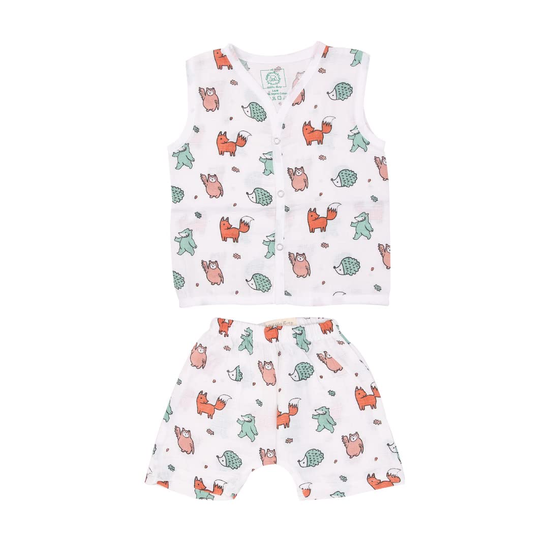 A toddler thing - Organic Cotton Muslin Jabla & Shorts | Woodlander | White Jhabla | Size - 0-3 months | For Boys & Girls | Summerwear Jabala | Sleeveless Vest | Baby Products | Casual Clothing