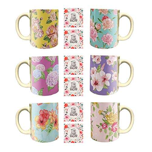 YaYa Cafe™ Tempting Floral Flower Handmade Ceramic Coffee Mug Set of 6 with Coaster (325 ml)