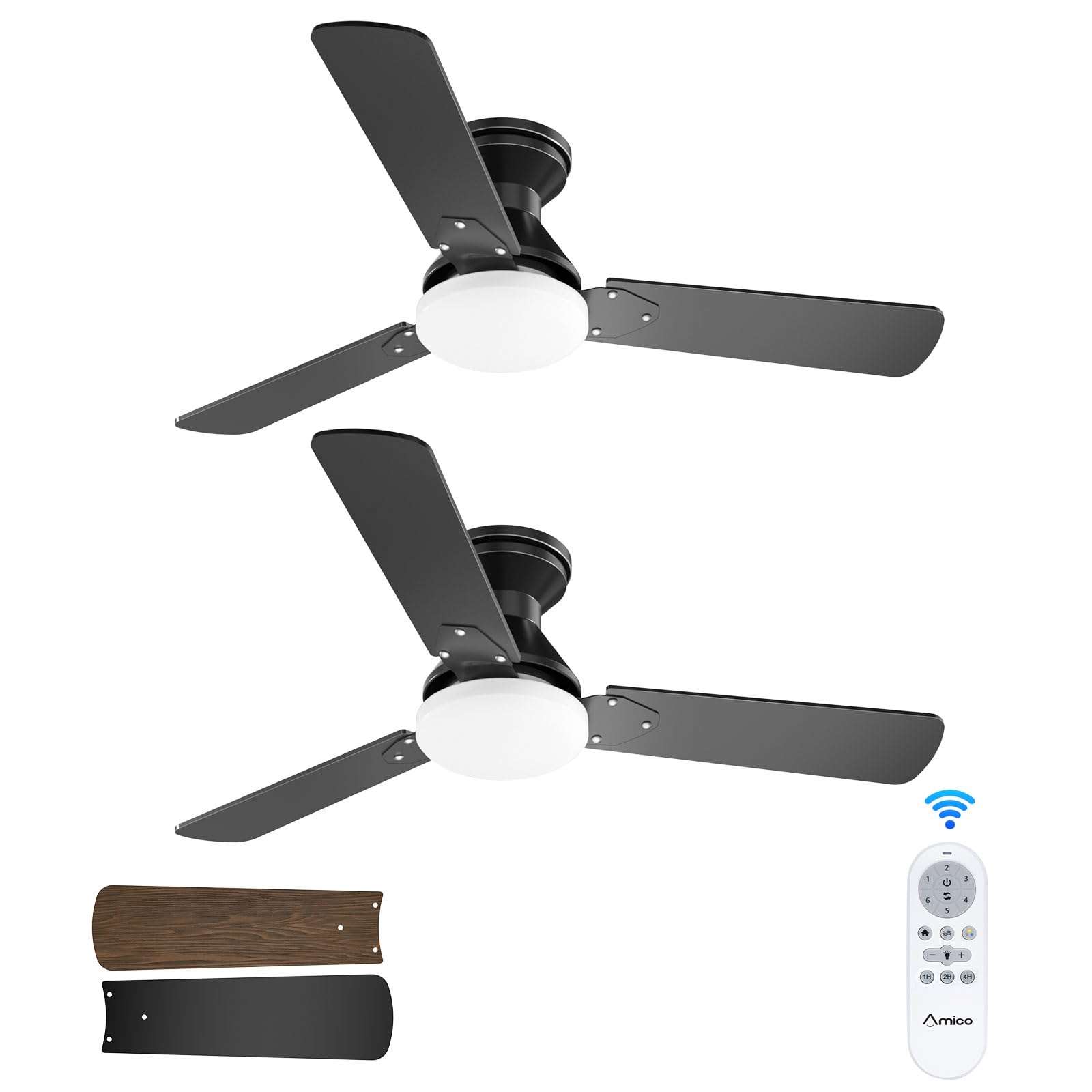 Amico 2 Pack Ceiling Fans with Lights, 42 inch Low Profile Ceiling fan with Light and Remote Control, Flush Mount, Reversible, 3CCT, Dimmable, Noiseless, Black Ceiling Fan for Bedroom, Indoor/Outdoor 1
