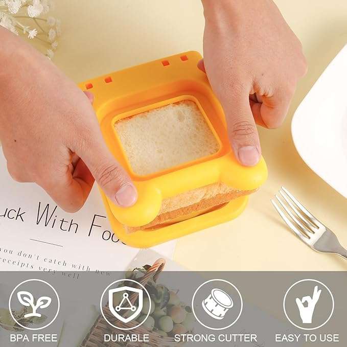 SHIVAARO Sandwich Cutter and Sealer - Square Pocket Sandwiches Maker - Uncrustables Cutter for Kids' Lunches (YELLOW) 6