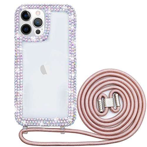 Bonitec Compatible with iPhone 12 Pro Max Crossbody Case 3D Glitter Sparkle Bling Luxury Shiny Crystal Rhinestone Diamond Clear Protective Girly Cover Adjustable Neck Strap Lanyard Band for Women