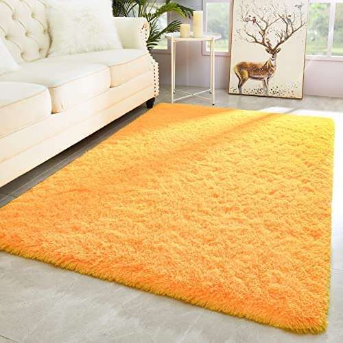 Kismat Carpet Handmade 2 Inch Pile Height Super Soft Touch Export Quality Plain Shag Rectangular Carpets For Home Size 6 X 8 Feet Color Yellow