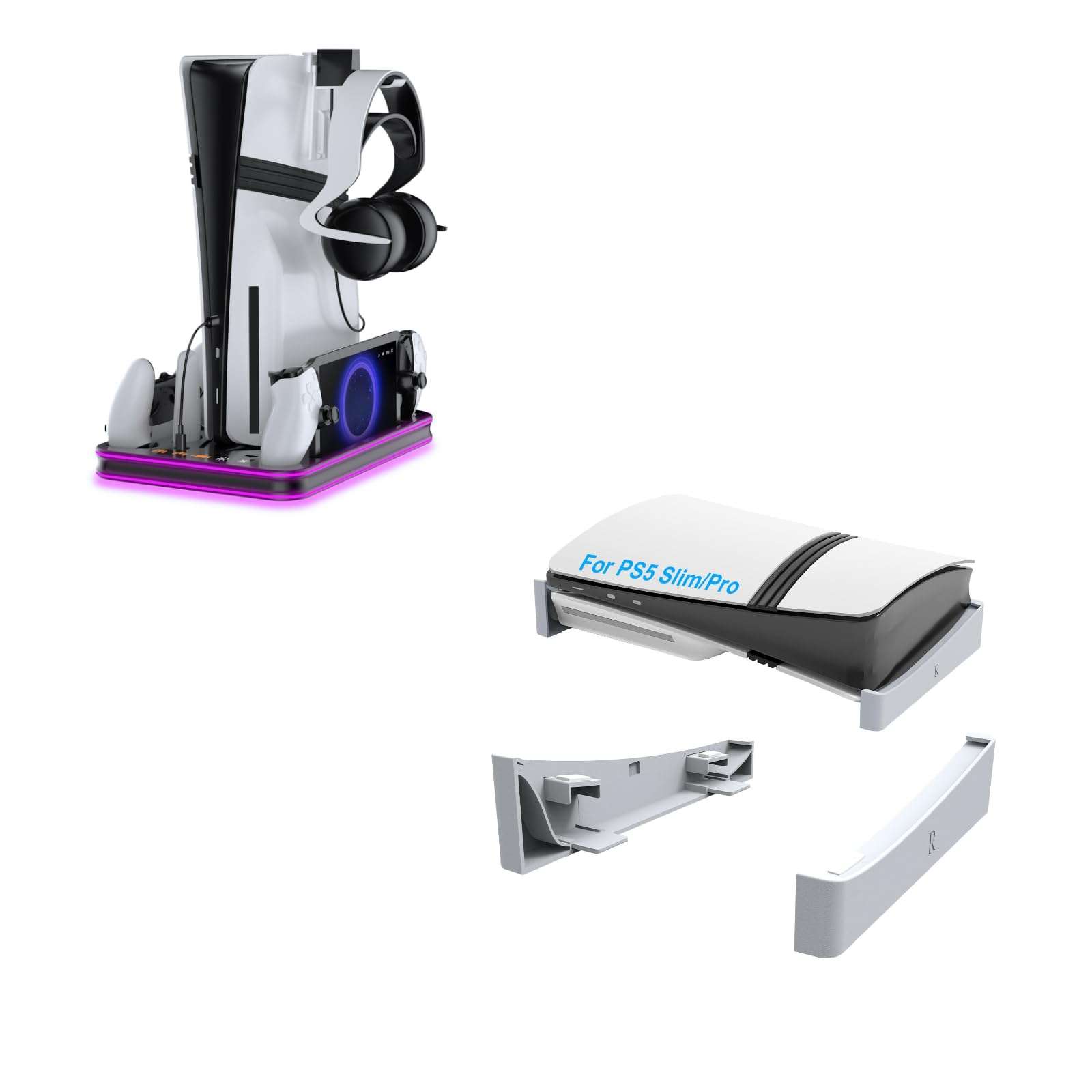 JDDWIN PS5 Pro / PS5 Slim/Stand and Cooling Station with LED Controller Charging Station PS5 Slim/Pro Horizontal Stand for Disc & Digital Editions Console 1