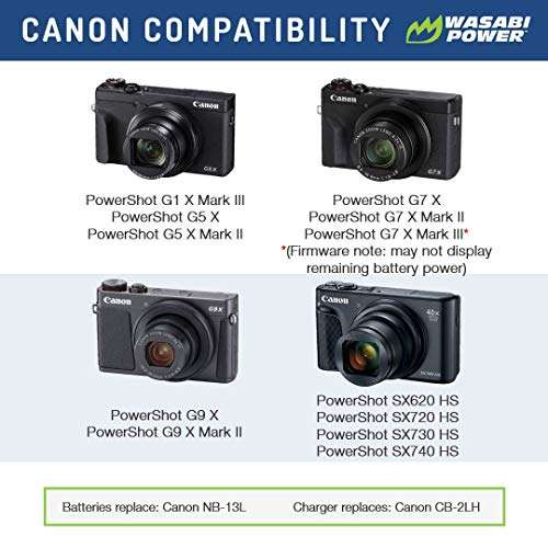 Wasabi Power NB-13L Battery (2-Pack) and Charger for Canon PowerShot G1 X Mark III, G5 X, G5 X Mark II, G7 X, G7 X Mark II, G7 X Mark III, G9 X, G9 X Mark II, SX620 HS, SX720 HS, SX730 HS, SX740 HS 2