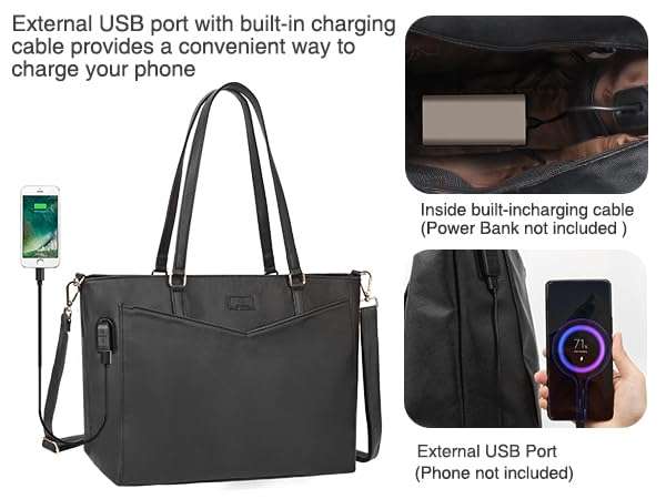 Laptop Tote Bag for Women 17.3 Inch Laptop Bag PU Leather Business Office Work Bag Briefcase with USB Waterproof Computer Tote Bag Large Handbag Satchel Shoulder Bag 6