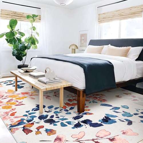Fashriend Phyllis Modern Area Rug, 3'6''×5'6'' Washable Accent Floral Rug, Non-Slip Flower Leaf Carpet, Non-Shedding Colorful Rug with Low Pile for Living Room, Bedroom, Dining, Office, Multicolor 6