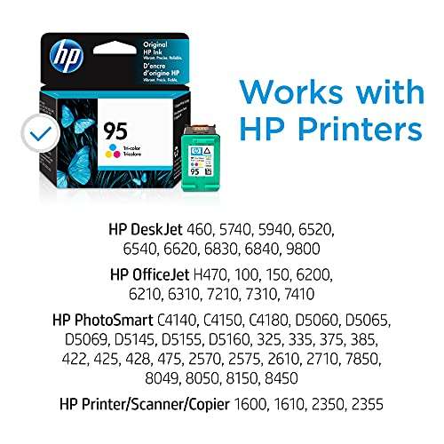 HP 95 Tri-color Ink | Works with HP DeskJet 460, 5000, 6000, 9800; OfficeJet H470, 100, 6000, 7000; PhotoSmart C4100, D5000, 300, 400, 2000, 7850, 8000; PSC 1600, 2350 Series | C8766WN 2
