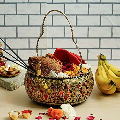 Discount ARA Iron Puja Basket/Flower Basket/Fruit Basket For Home Decor (Medium) (Brown), Pack of1 1