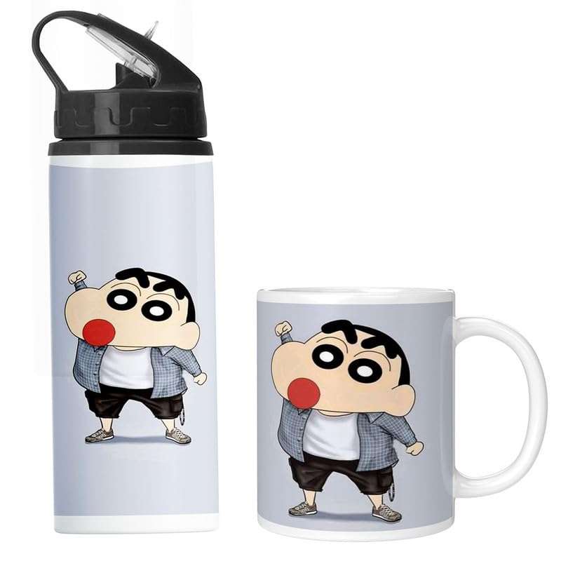 PrintWala Shinchan Character Printed Aluminum Bottle (600Ml) with Ceramic Mug (350Ml) – Fun Gift Combo for All Ages (Black Nozzle Sipper with Mug) 1