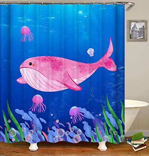 ahbreton Shower Curtains Fabric, Pink Whale Jellyfish Blue Sea Underwater Ocean World, Decorative Cloth Print Design Polyester, Bathroom Curtains Set with 12 Hooks（72x72 Inch）(WJ938) 1