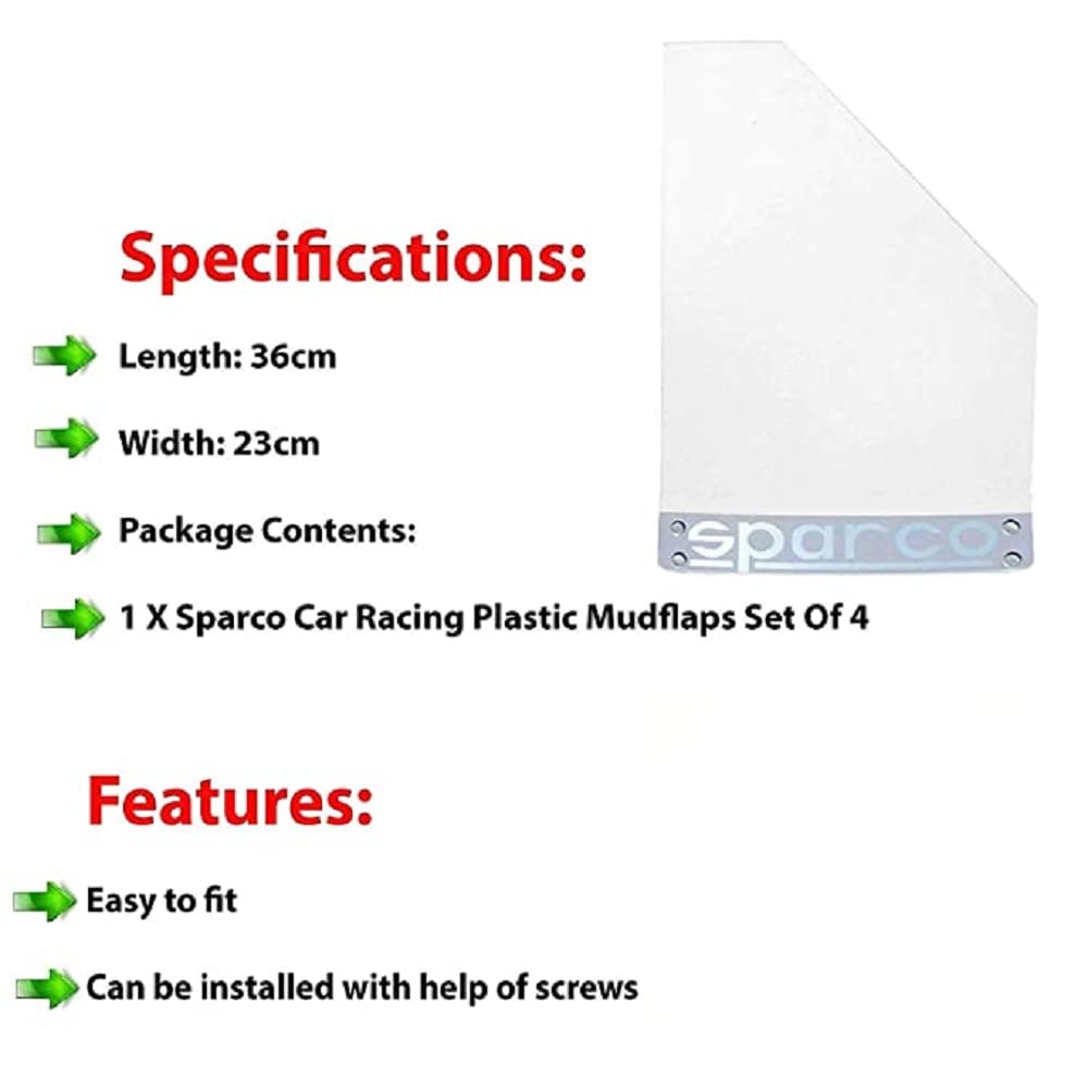 Vocado Car Mudguard, Sparco Car Plastic Mud Flap, Splash Guard Compatible with All Models .White (Set of 4) 5