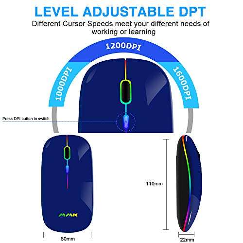 Wireless Bluetooth Mouse for Laptop,Rechargeable Mouse 2.4G USB Optical Wireless Mouse,LED Slim Dual Mode(Bluetooth 5.0 and 2.4G) Wireless Mouse for Laptop, PC, Mac OS,Android,Windows(Dark Blue) 4