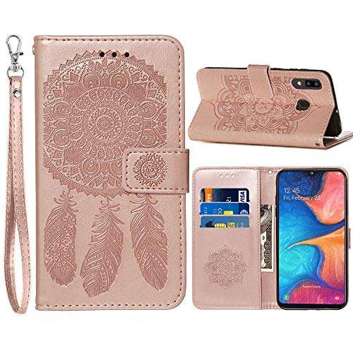 JanCalm Compatible with Samsung A20 Case,Galaxy A20 Case Wallet,Samsung A30 Case, Dream Catcher Pattern PU Leather [Wrist Strap][Card/Cash Slots] Stand Flip Cover for Girls Women (Rose Gold) 1