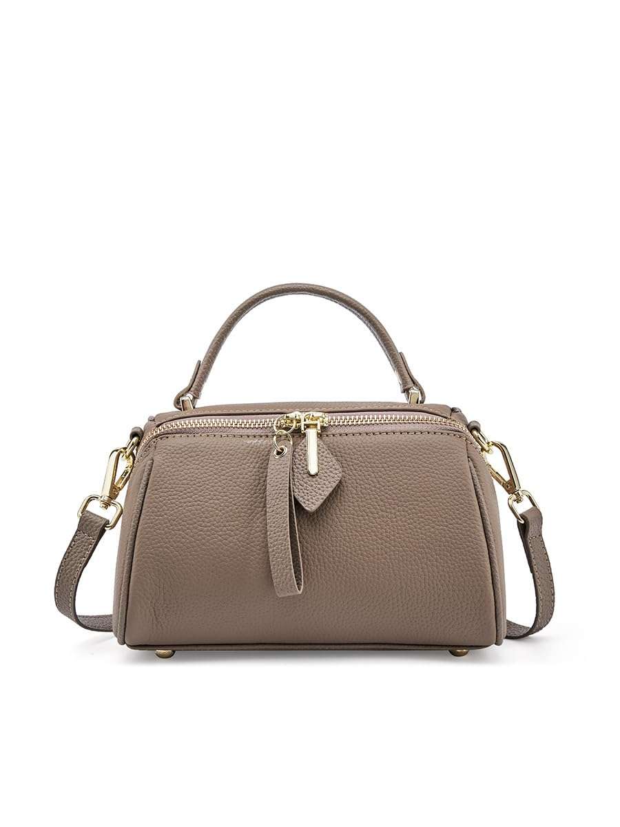 Small Leather Crossbody Handbag, Top Handle Purse with Shoulder Strap, Taupe 1