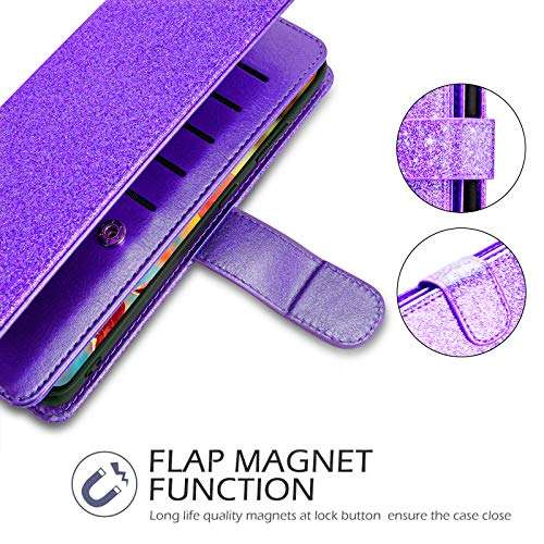 Newseego Compatible Samsung Galaxy S21 Ultra Wallet Case (6.8 Inch),Glitter PU Leather Magnetic Closure Multi-Credit Card Slot Cash Holder Detachable 2 in 1 Wallet Cover with Wrist Strap-Purple 4