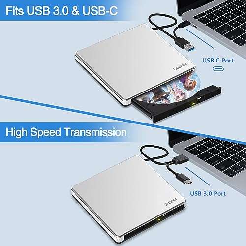 Guamar External CD Drive for Mac: Portable Slim DVD Burner for Laptop PC Windows with SD/TF Slot 2 USB Ports - Plug & Play USB-C Superdrive for MacBook High-Speed Read Write (Silver) 6