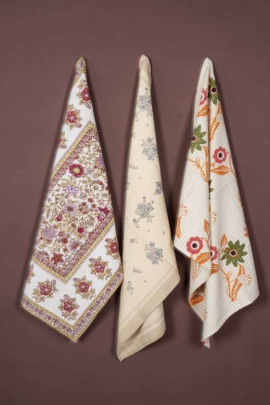 CONTRAST LIVING Deryms Hand Block Printed Kitchen Towel/Dish Towel/Hand Towel Multi Color Set of 3 Pcs 1