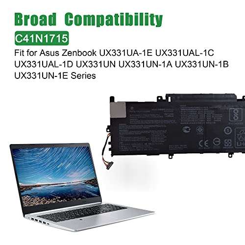 JIAZIJIA C41N1715 Laptop Battery Replacement for Asus Zenbook UX331UA-1E UX331UAL-1C UX331UAL-1D UX331UN UX331UN-1A UX331UN-1B UX331UN-1E Series Notebook C41PKC5 15.4V 50Wh 3255mAh 4