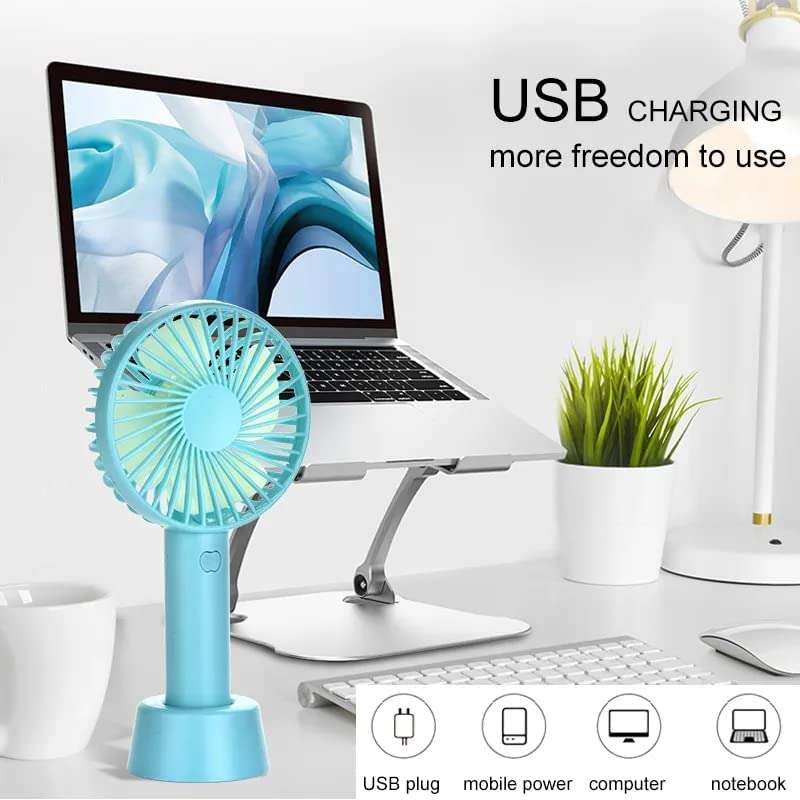 X4CART Mini Handheld Portable Fan USB Rechargeable Built-in Battery Operated Summer Cooling Desktop Fan with Standing Holder Handy Base For Home Office Outdoor Travel (Blue Color) 5