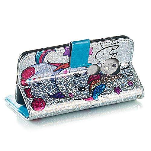 HMTECHUS Moto G7 Play Case Shiny Rhinestone Sparkle Bling Wallet Card Holder Flash Chip PU Leather Anti-Slip Shockproof Magnetic Flip Cover for Motorola Moto G7 Play (US Model) Star Unicorn YB 4
