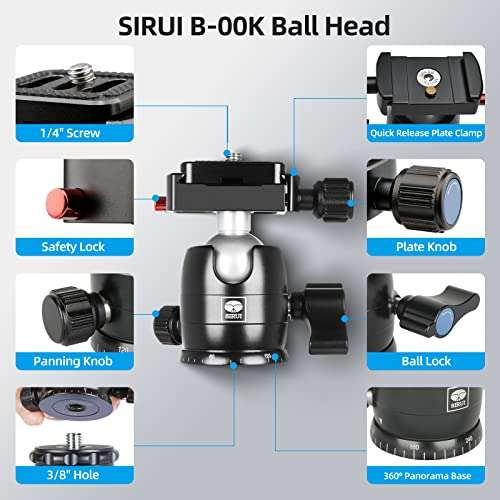 SIRUI Camera Tripod Ball Head, 10KG/22.05lbs Loading Capacity, 360°Panning Base, Aluminum Build Quality, Safety Lock, Universal Mounting Plate for Easy Attachment (B-00K Ball Head) (B-00K) 2