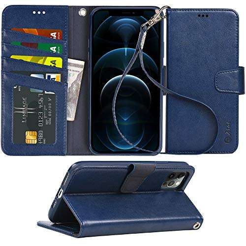 Arae for iPhone 12 mini Case with Credit Card Holder and Wrist Strap - Blue 1