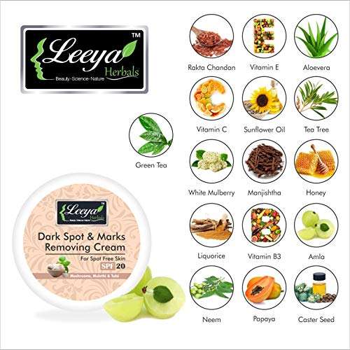 LEEYA HERBALS VITAMINC VITAMIN B3 WHITE MULBERRY LIQUORICE TEA TREE OIL NEEM HONEY APPLE CIDER VINEGAR PAPAYA RAKTA CHANDAN MANJISHTHA DARK SPOTS AND MARKS REMOVAL CREAM FOR OILY SKIN WOMEN MEN 75 GM 5