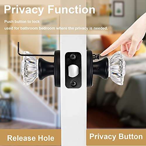 SHINY HANDLES Glass Door Knobs Interior, Vintage Privacy Clear Crystal Door Knobs with Lock for Bedroom Bathroom Matte Black 3