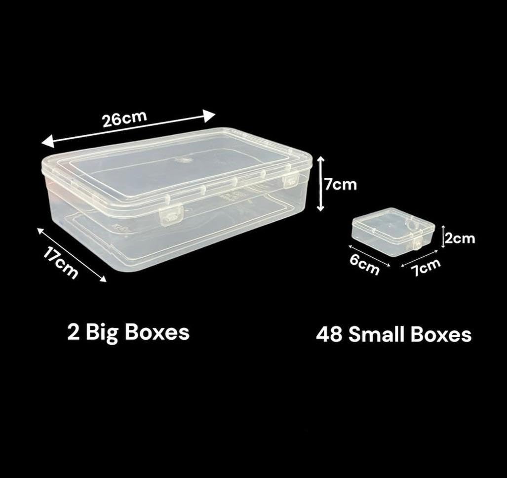 URBAA Plastic Storage Box Set, 50 Pieces, Clear Containers with Locking Lids, 2 Big Containers with 48 Small Boxes for Jewellery, Pins and Beads 6