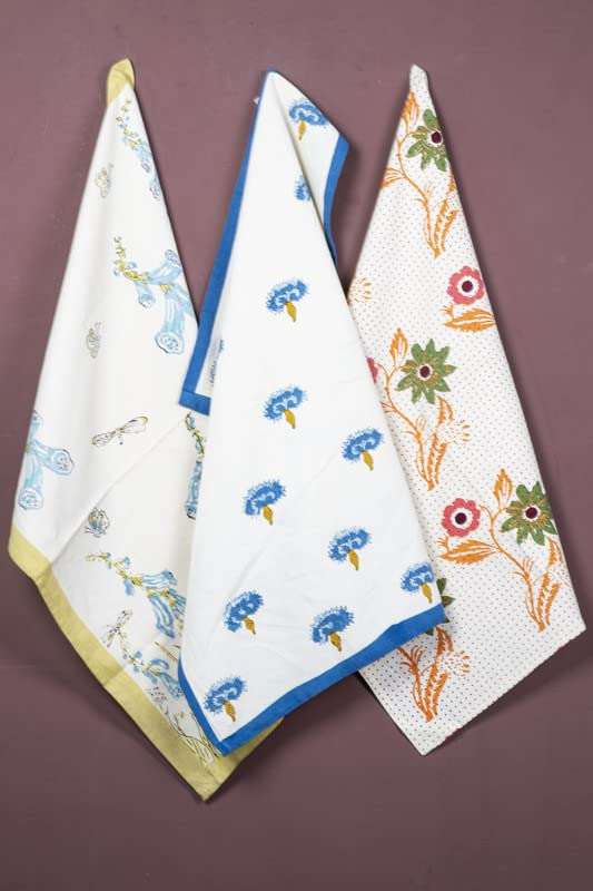 CONTRAST LIVING Sabitw Hand Block Printed Kitchen Towel/Dish Towel/Hand Towel Multi Color Set of 3 Pcs 1