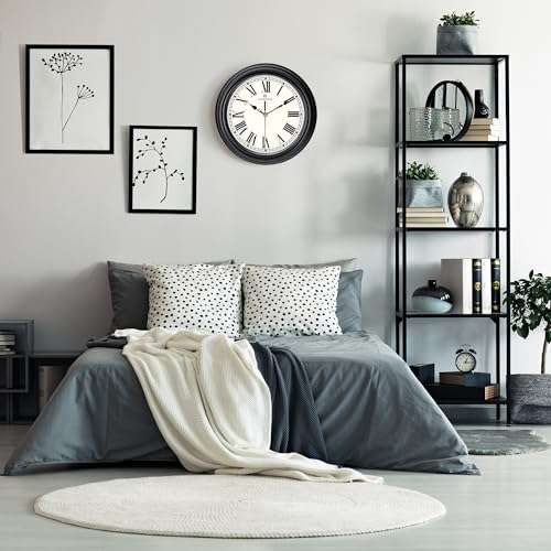 Lafocuse 12 Inch Black Wall Clock Roman Numerals, Silent Analog Wall Clock Battery Operated for Kitchen Living Room Bedroom, Retro Home Décor 5