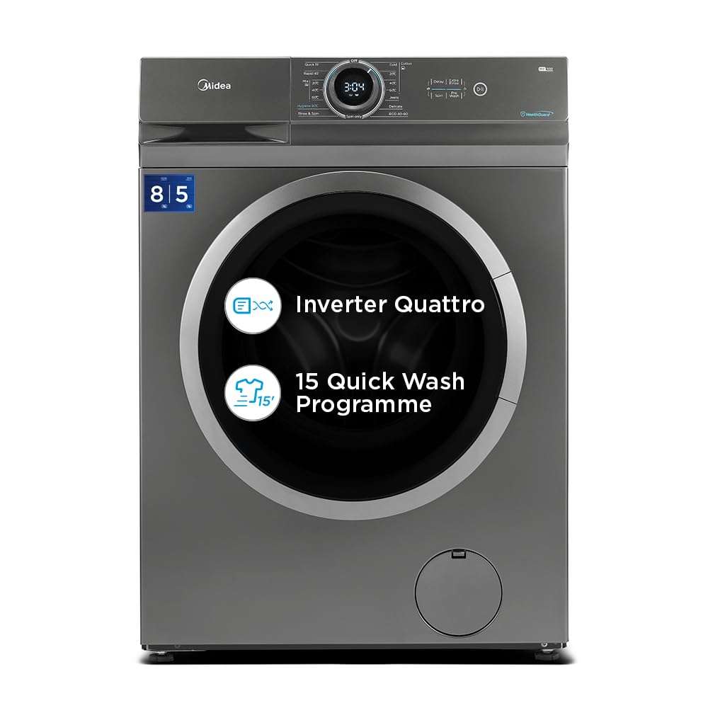 Midea 8Kg/5Kg 5 Star Inverter Fully Automatic Washer Dryer (Mf100D80B/T-In, Titanium Silver, Inbuilt Heater) - Front Load
