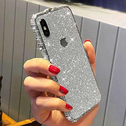 Case for iPhone Xs Max Cover,Girls Women Luxury Sparkly Bling Glitter Rhinestone Diamond Metal Button Bumper Case Cover & Shiny Glitter Sticker Protective Cover for iPhone Xs Max Diamond Case,Silver 4