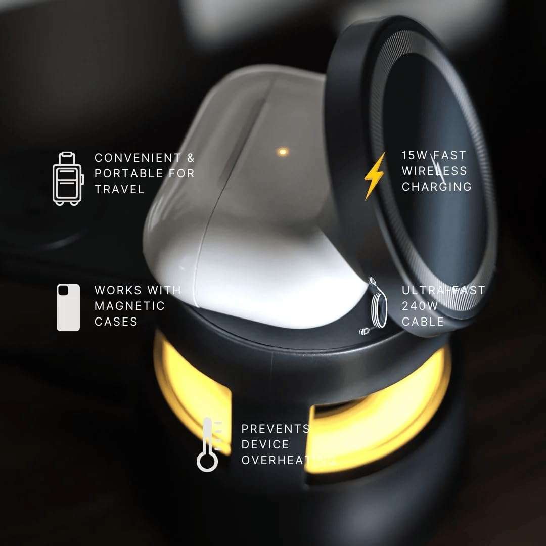 Cubonic Wireless Bluetooth 1800mAh Speaker with Charging Station Compatible with Mobile Phones (15W), Smart Watches, Earbuds | Multi-Purpose Wireless Dock with Yellow LED Night Lamp 3