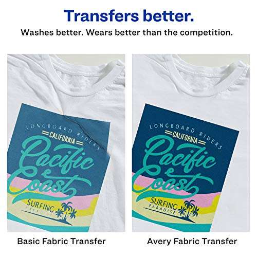 Avery Printable Heat Transfer Paper for Light Fabrics, 8.5" x 11", Inkjet Printer Compatible, 6 Sheets of Iron On Transfer Paper, Great for Custom Shirts, Uniforms, Gifts, and More (3271) 3
