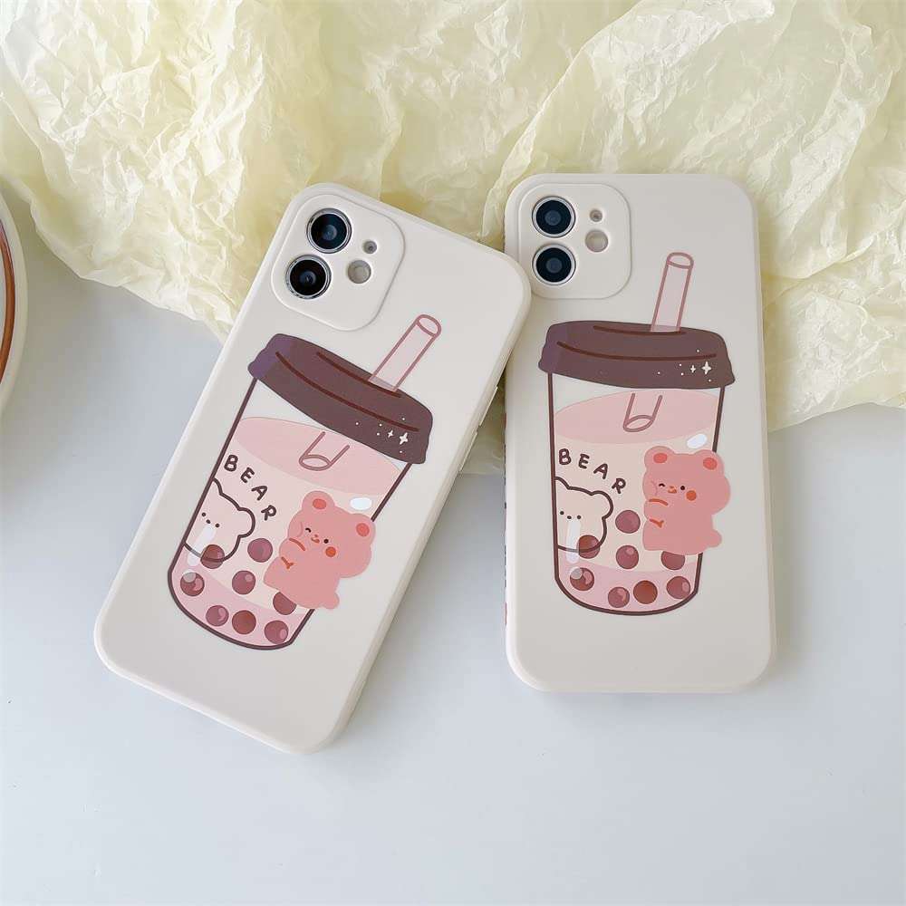 Cute Bear Milk Tea Drink Phone Case for iPhone 12 6.1 inch with Side Printing Special Slim Smooth Cover for iPhone 12 4