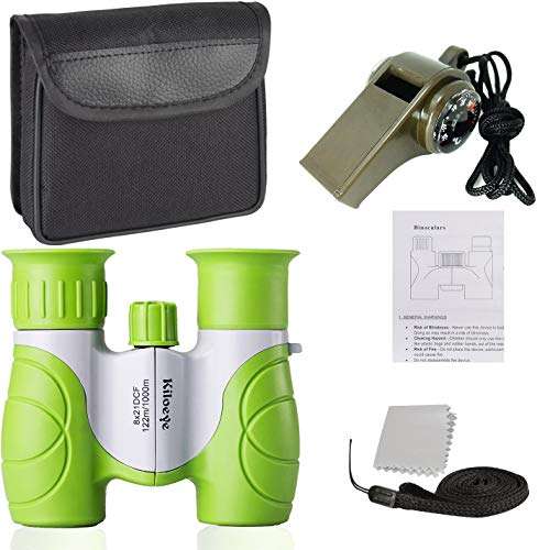 Binoculars 8X21 kit with Whistle & Neck Strap for Kids Boys Girls Outdoor Sports Bird Watching Hunting Hiking Children Birthday Presents All Real Optical Glass Lens Green Plastic Body Lightweight 2