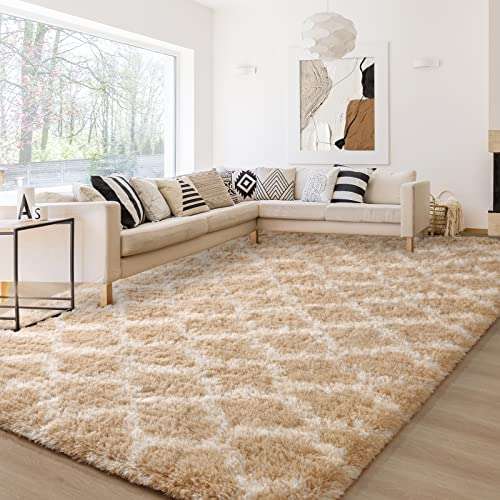 Keeko 5x8 Living Room Area Rug, Beige and White Fluffy Fuzzy Rug Rugs for Living Room Bedroom Modern Indoor Carpet Geometric Shaggy Large Area Rug for Nursery Kids Farmhouse Dorm Classroom Decor 1